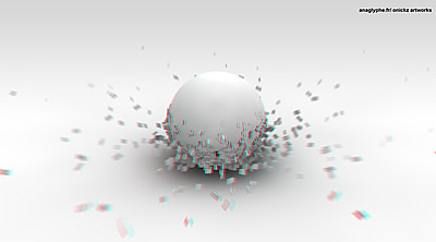 Sphère entourée de fragments en stéréoscopie rouge-cyan, aperçu des recherches vidéo d’Onickz Artworks.