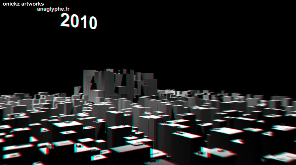 Une ville de volumes géométriques en relief rouge-cyan, création Onickz Artworks.